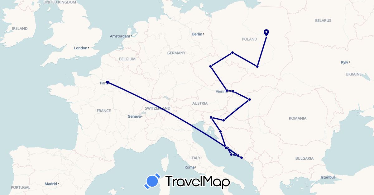 TravelMap itinerary: driving in Austria, Czech Republic, France, Croatia, Hungary, Poland, Slovenia, Slovakia (Europe)
